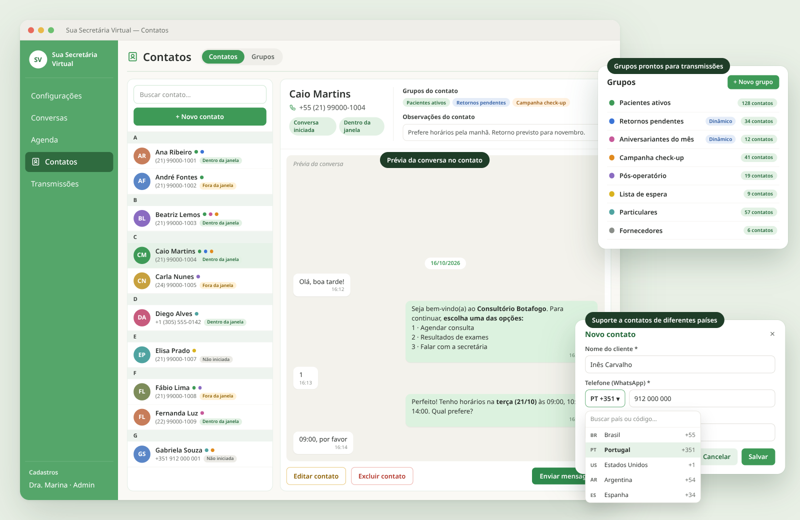 Gestão de contatos e grupos no painel SSV